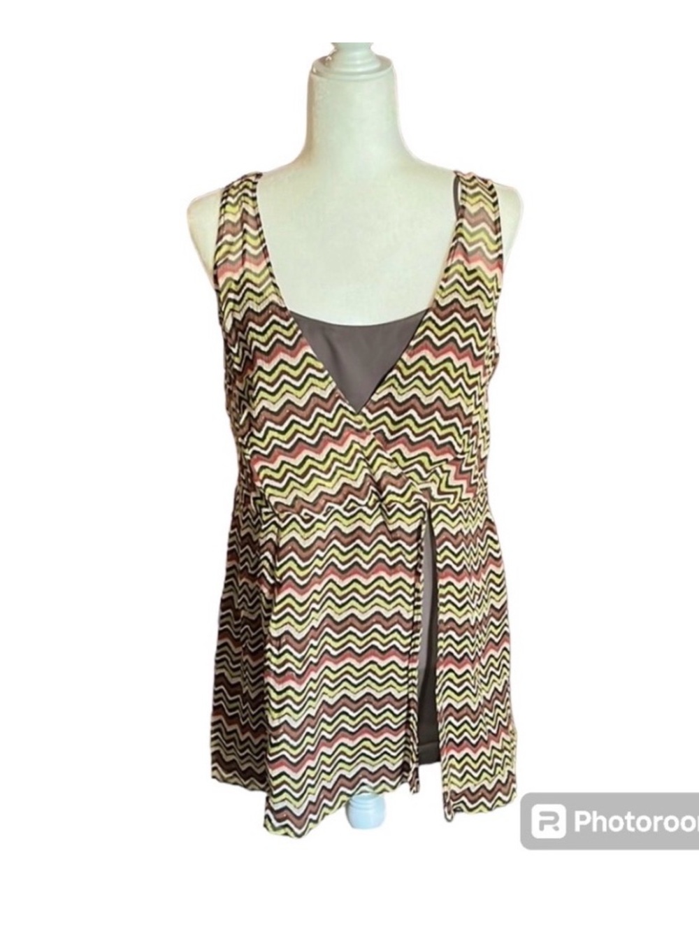 Nine West Woman Sleeveless Chevron Faux Wrap Brown Tank Top Size 14